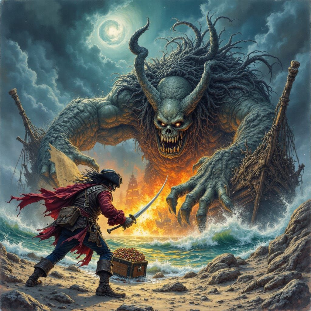 <lora:Davy Jones Locker:0.5> A grainy, high-impact graphic illustration featuring a Todd McFarlane-inspired monstrous, zombified Pirate hold...