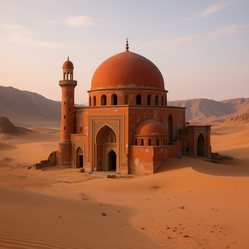 Mosquée ancienne en terre cuite perdue dans le désert au milieu des dunes de sable

