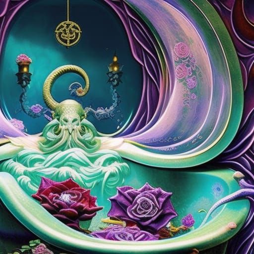 God Cthulhu quietly taking a bath in a golden bathtub plenty...