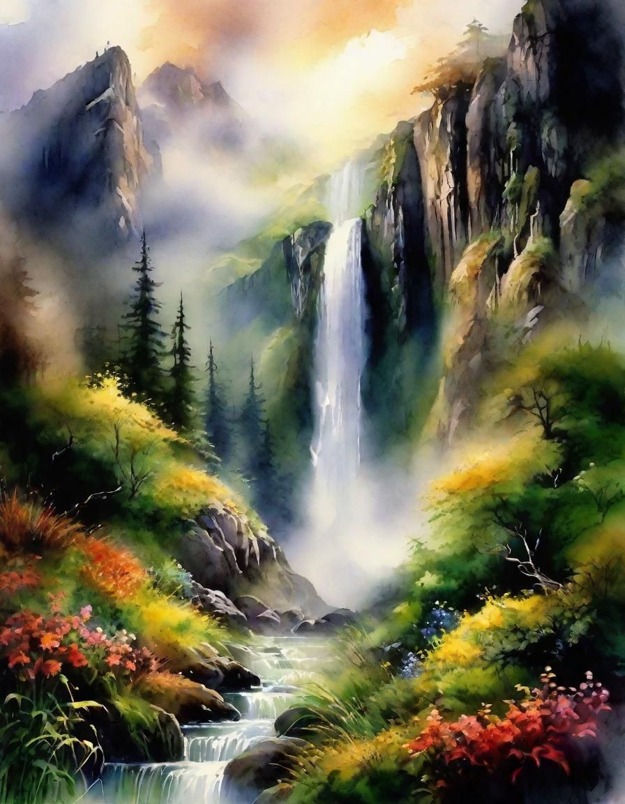 Watercolor Fantasy Landscape with Misty Waterfalls