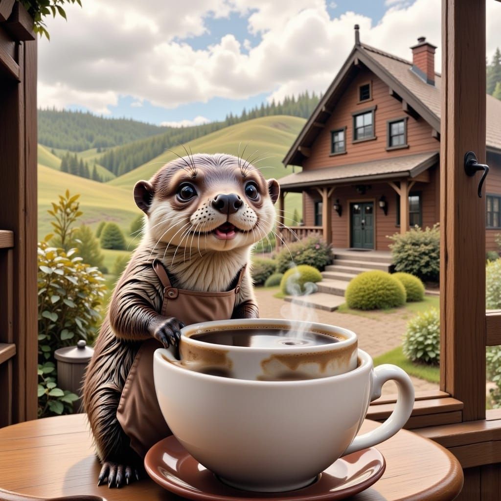 <lora:Coffee Mania Fx:1.0>, An otter peeking out of a ☕️, ❤️‍🔥🏔️🏡
