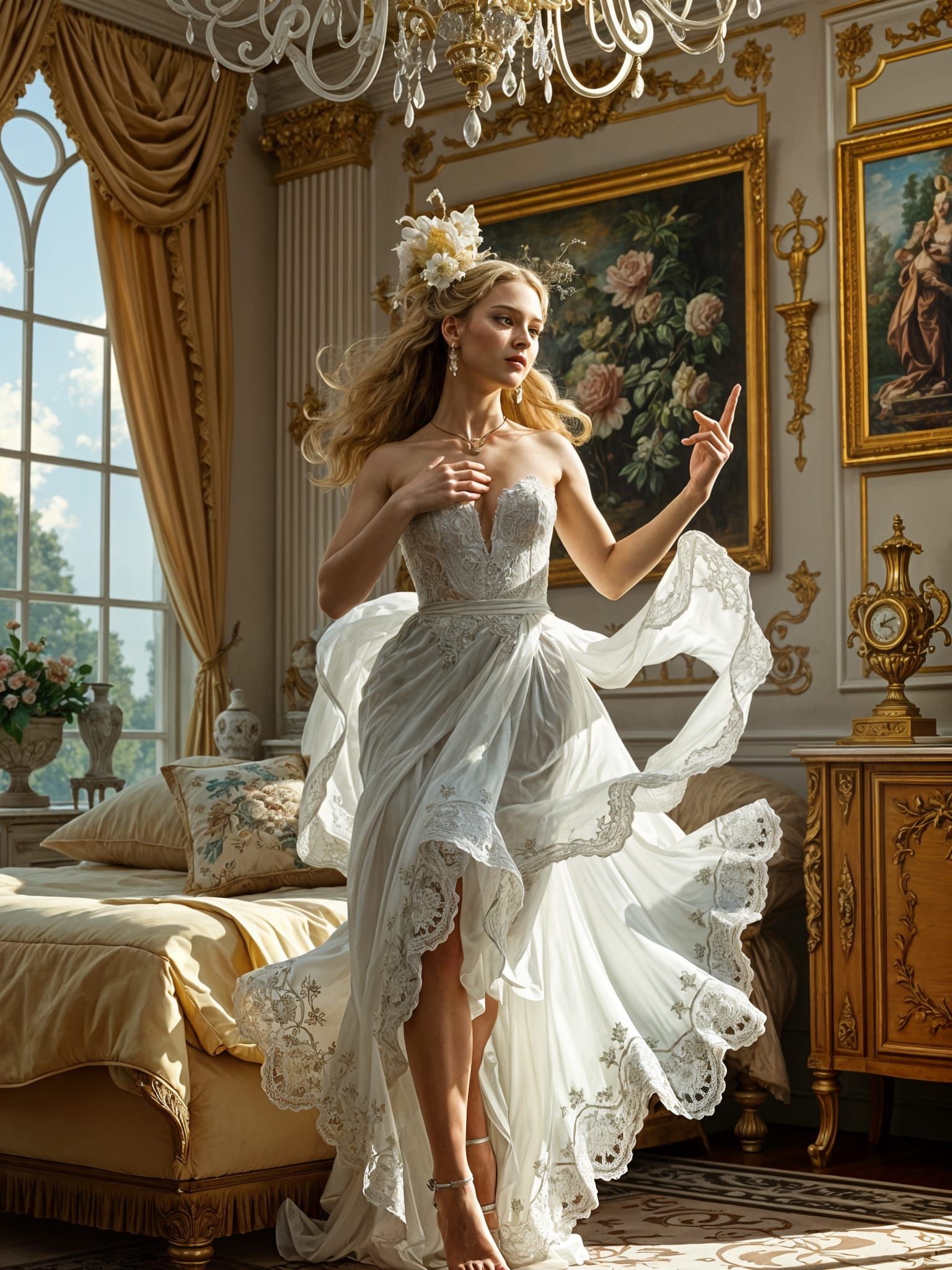 Ethereal Woman Dances in Sunny Bedroom, in Neo-Rococo Style
