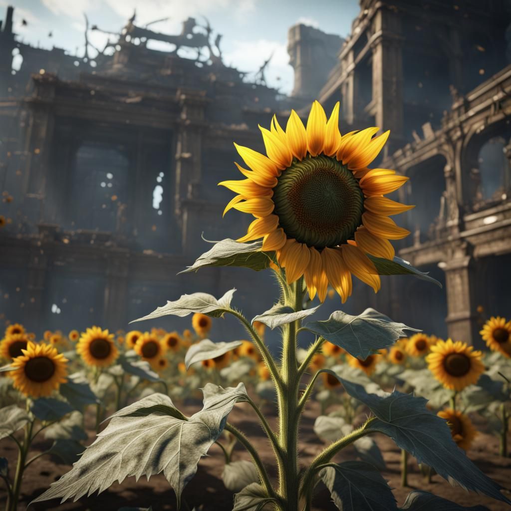 A sunflower growing in the middle of a warzone  by @chomp