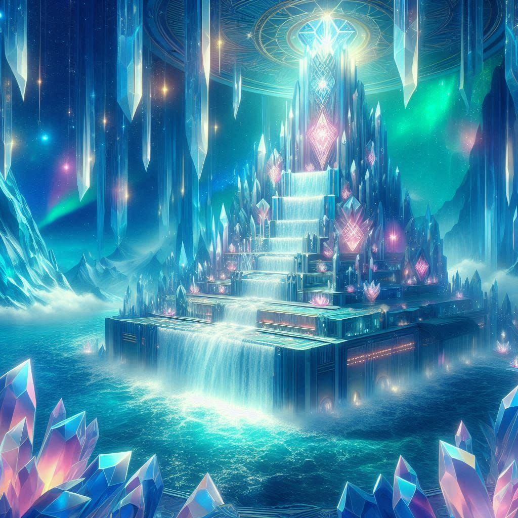 7 magical sparkling Waterfall in a crystal mountain