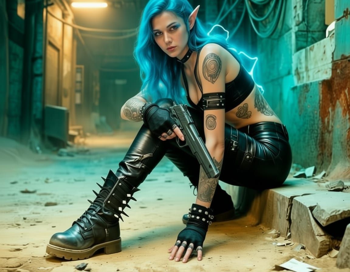 Ultra-rendered cyber-fantasy character portrait in a gritty, narrow industrial alley. A young elven woman crouches " (...) 06