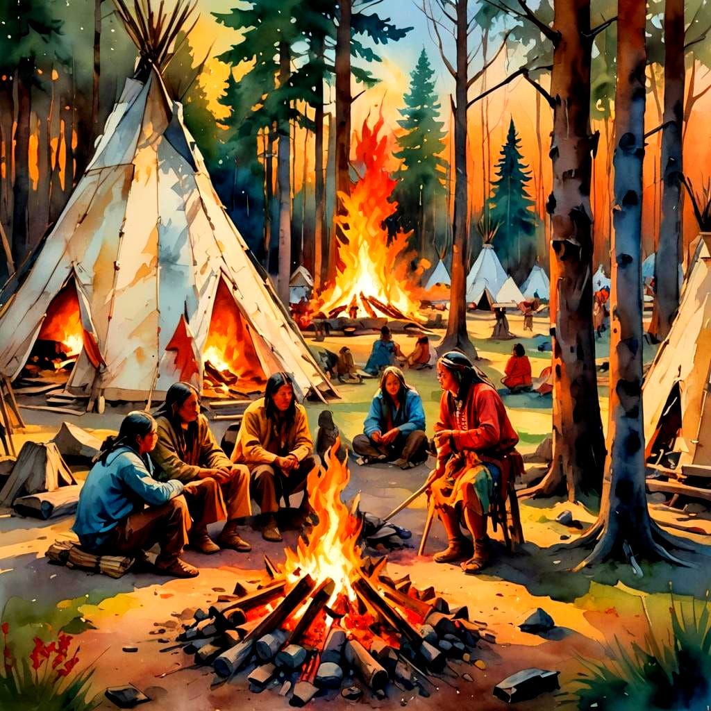 Watercolor painting of a Native American tribal campground