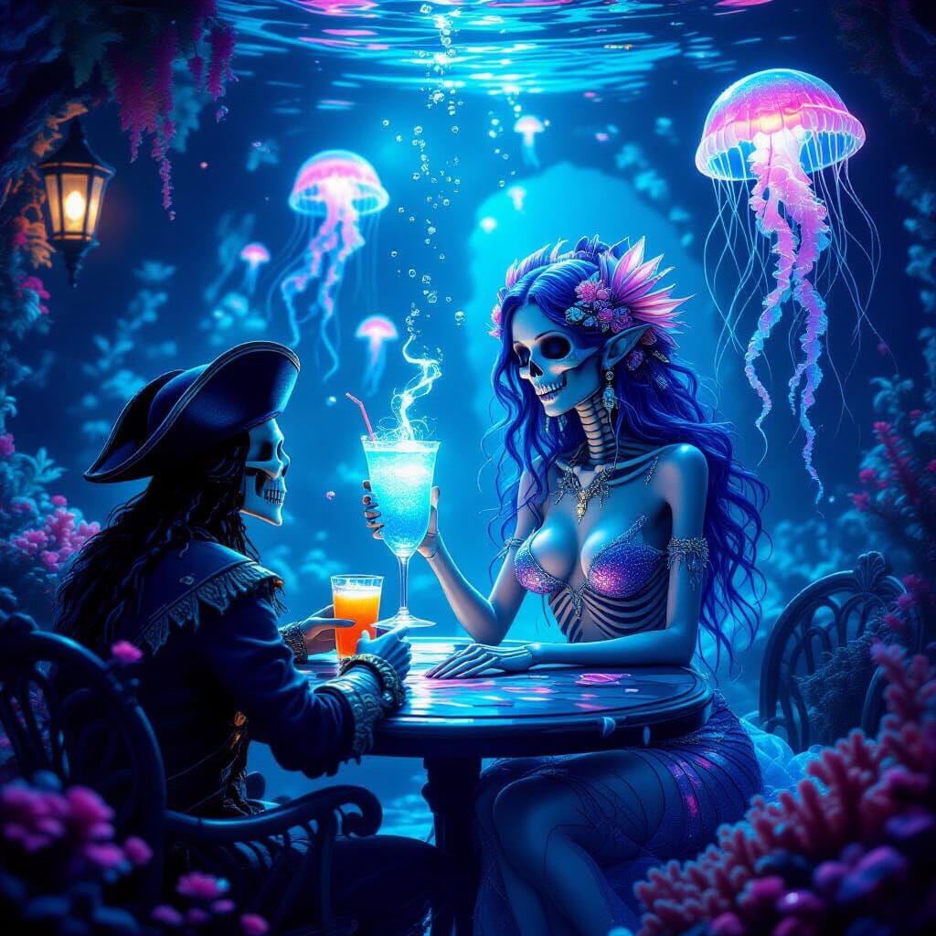 “Surreal underwater bar cafe, glowing corals, bioluminescent betta fish and jelly fish illuminating the ...  by @undefined