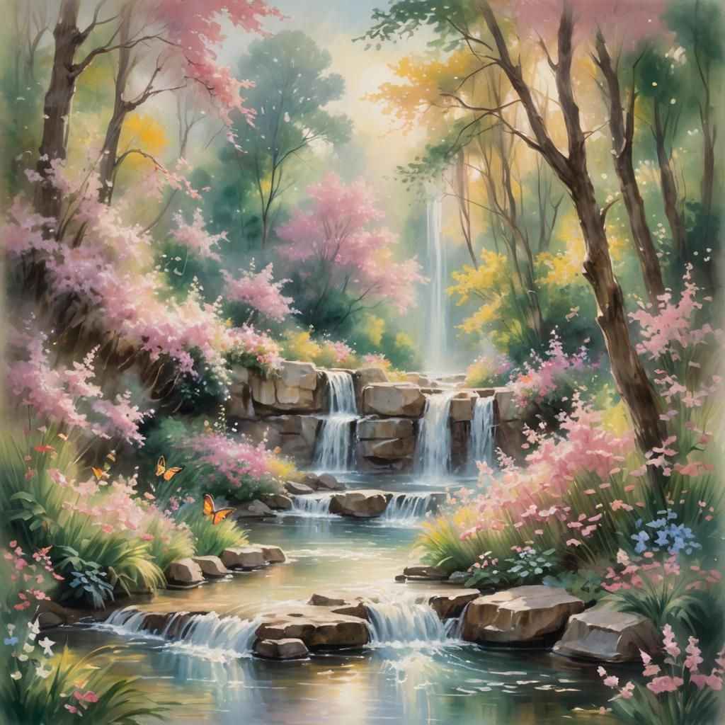 Pink Waterfall: An Impressionist Landscape Painting