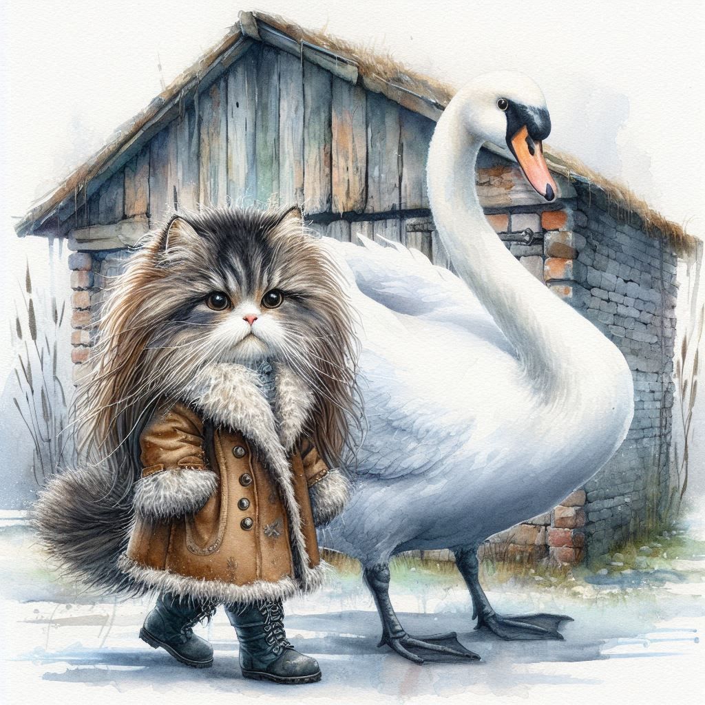 Surreal anthropomorphic Longhaired Cat walking for a stroll with a huge swan