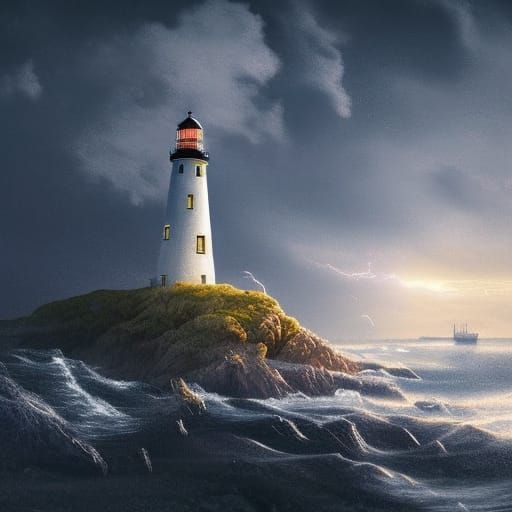 A lighthouse on the coast night time