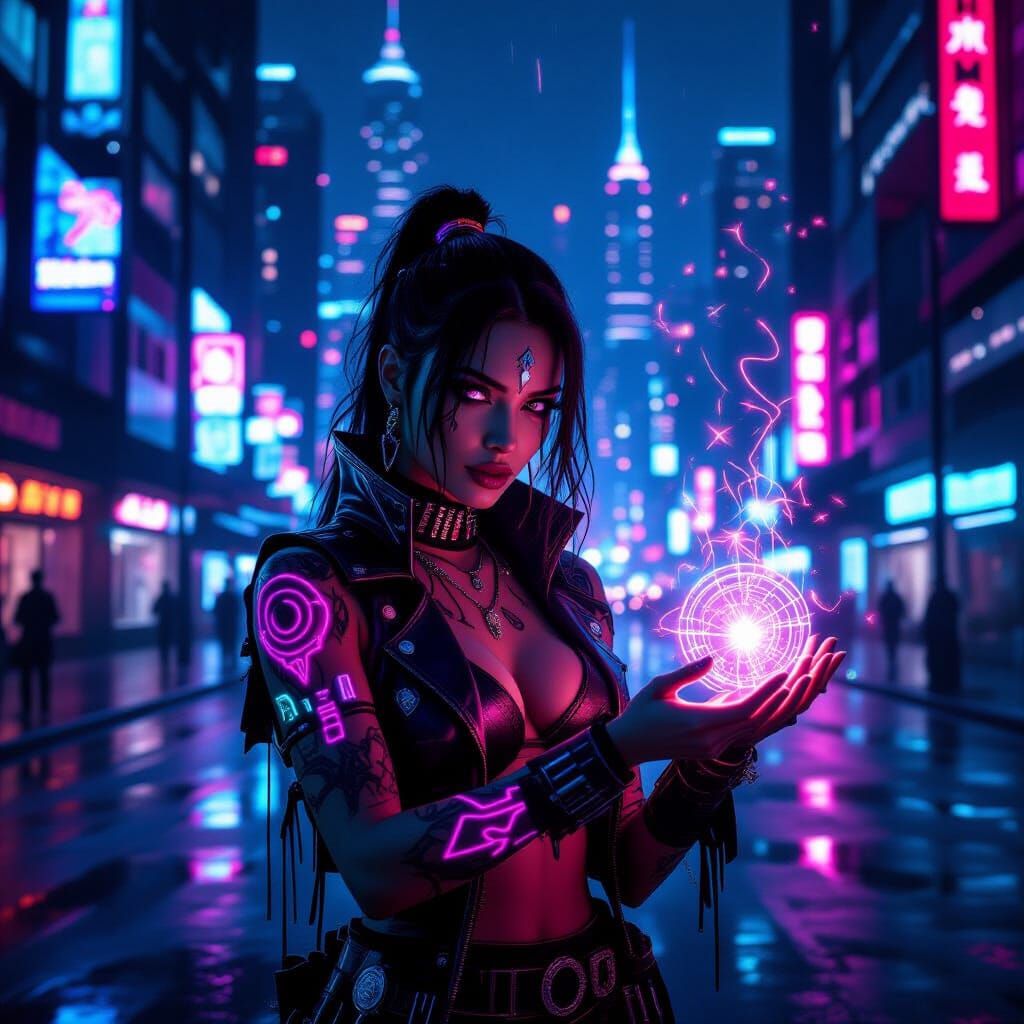 Cyberpunk witch casting digital spells with neon holograms, futuristic city skyline at night, glowing tattoos, tech-magic fusion, vivid colo...