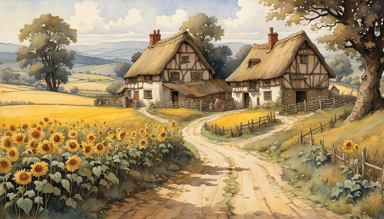 Rustic Village Night in Storybook Illustration Style