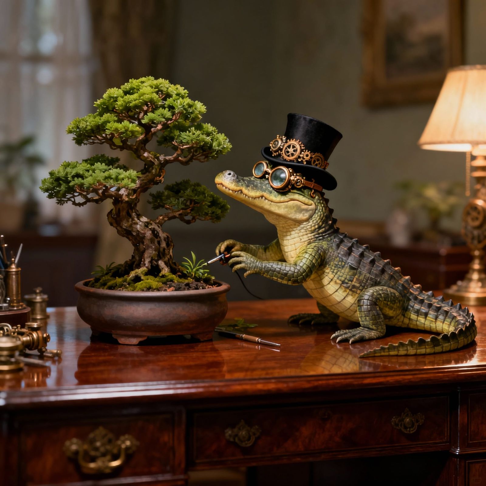 An alligator wearing a tiny, intricate steampunk monocle and top hat, meticulously tending to a miniature, ...  by @Deborah Sutton