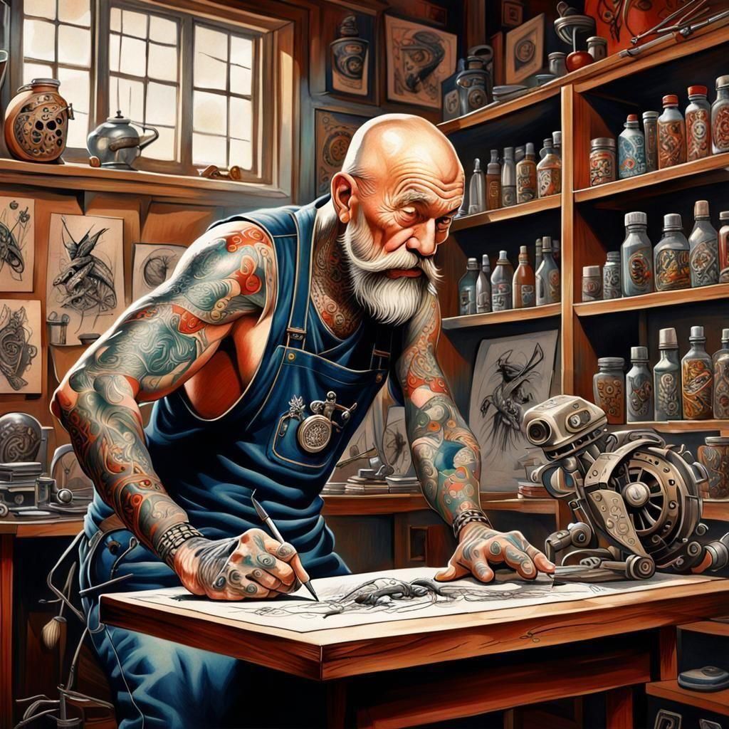 Tattooist at his design bench  by @Caroline