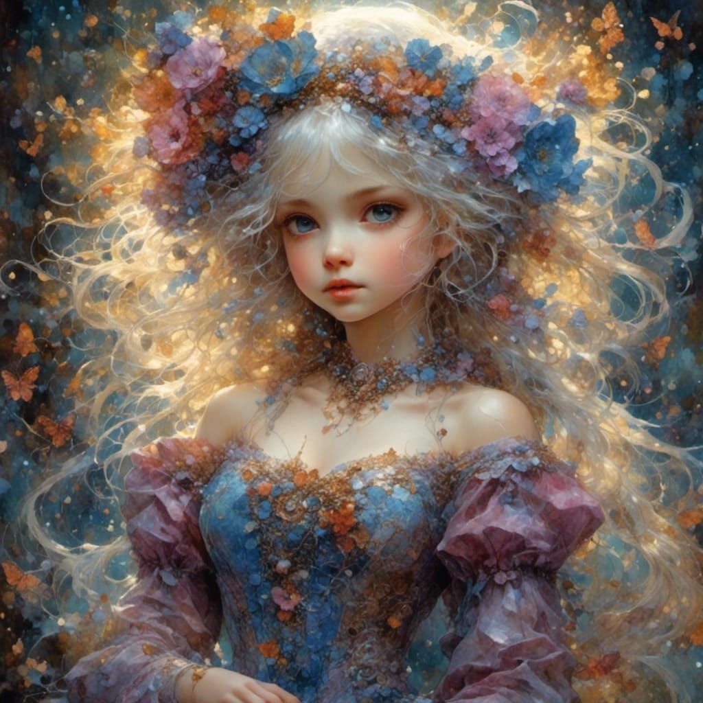 Cute Goblin Girl in Alcohol Ink Style