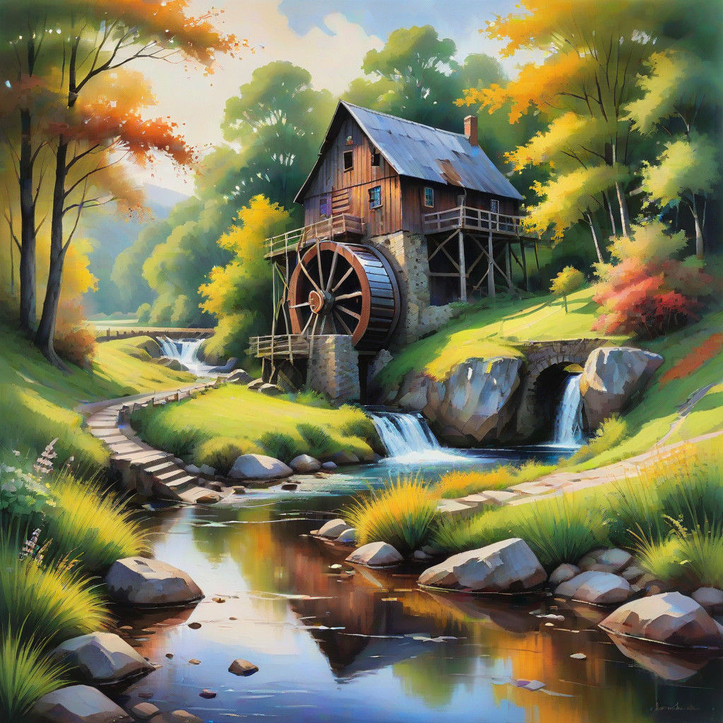Idyllic Water Mill Basks in Warm Hues of Impressionist Style