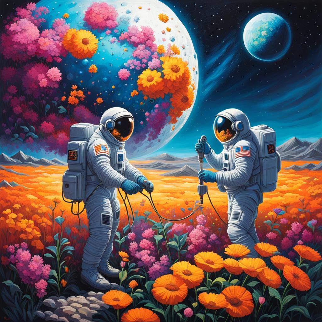 Three men in spacesuits tending to the flowers in a geodesic...