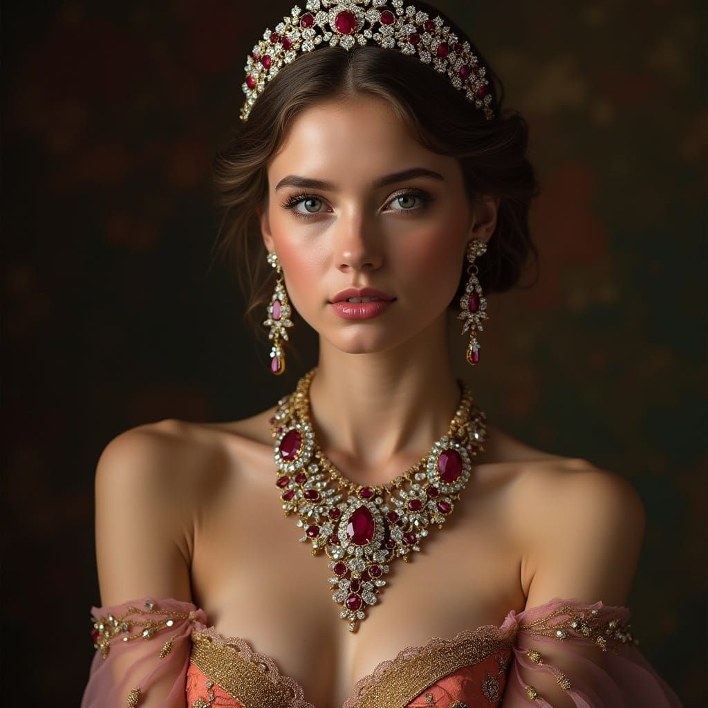 A beautiful young model covered in jewels: a Diamond tiara, a Ruby necklace & Sapphire earrings  by @KRoseCarol