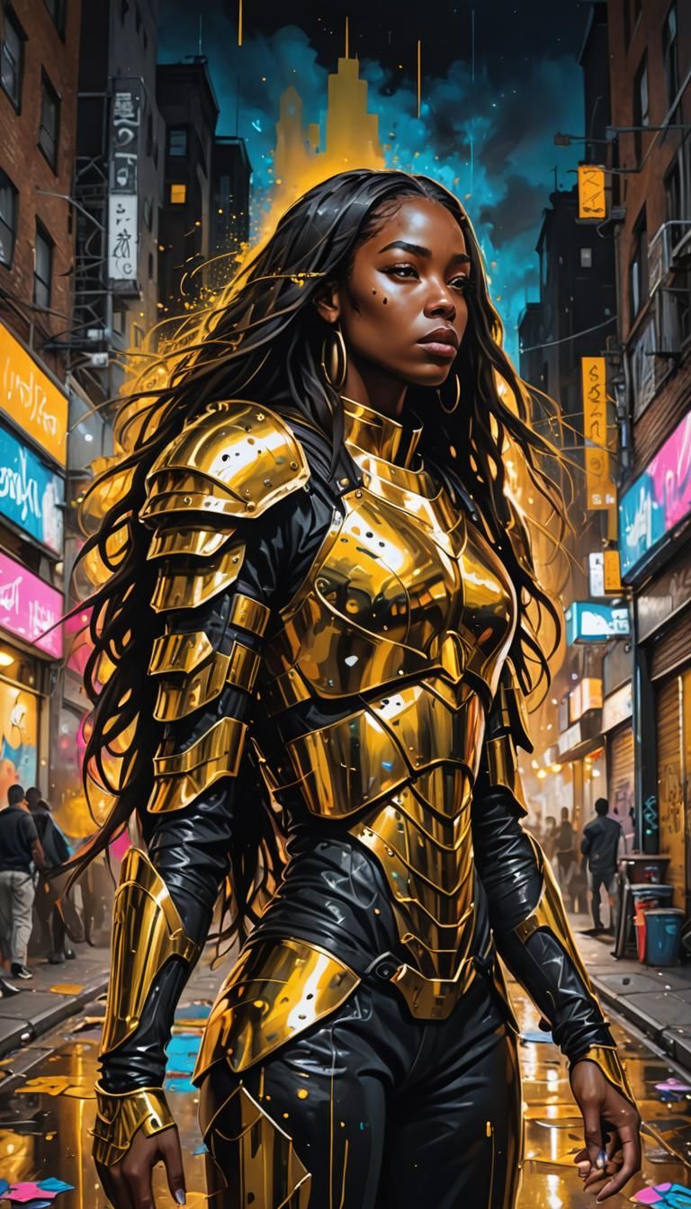 Black woman, straight hair, with golden armor, in the middle...