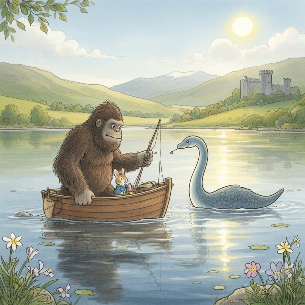 Sasquatch fishing while Nessie bobs in the rippling water