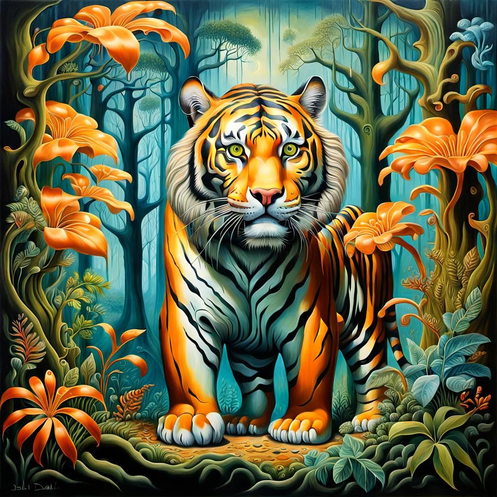 Tiger in Magical Forest: Surreal Detailed Painting