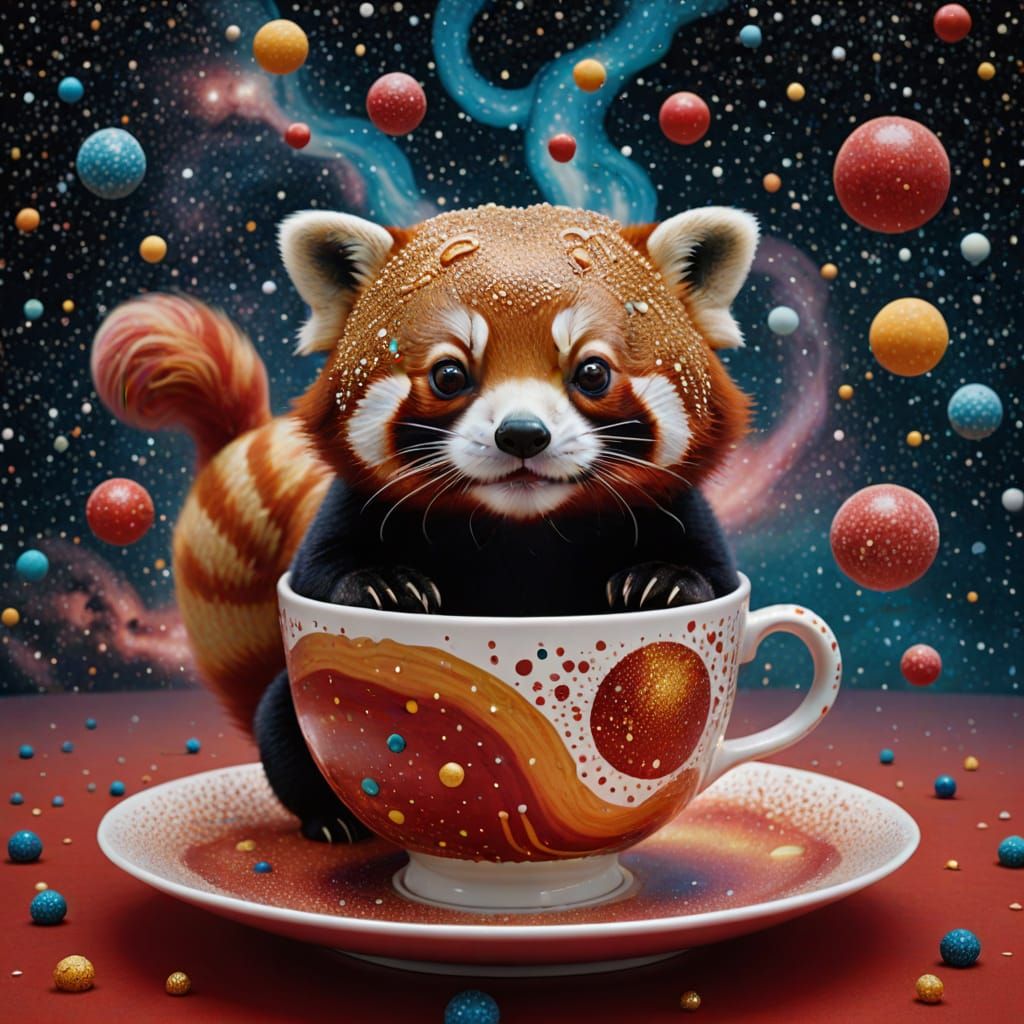 Surrealism. A cosmic red panda, its fur made of swirling galaxies, is comically trying to catch a floating, oversized teacup that is spillin...
