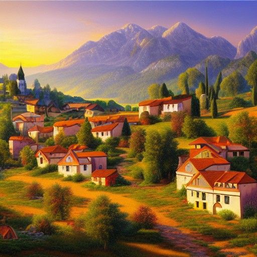 Romantic village and landscape. Houses, mountains, Guido Bor...