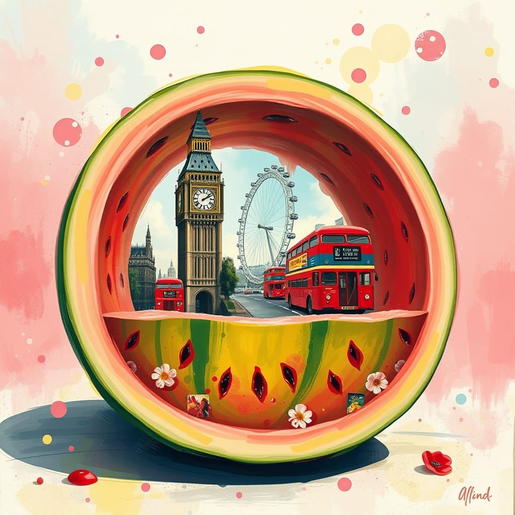 Create a picture of a watermelon with a double exposure, with the city of London inside (you'll see the clock tower, the Ferris wheel, and t...