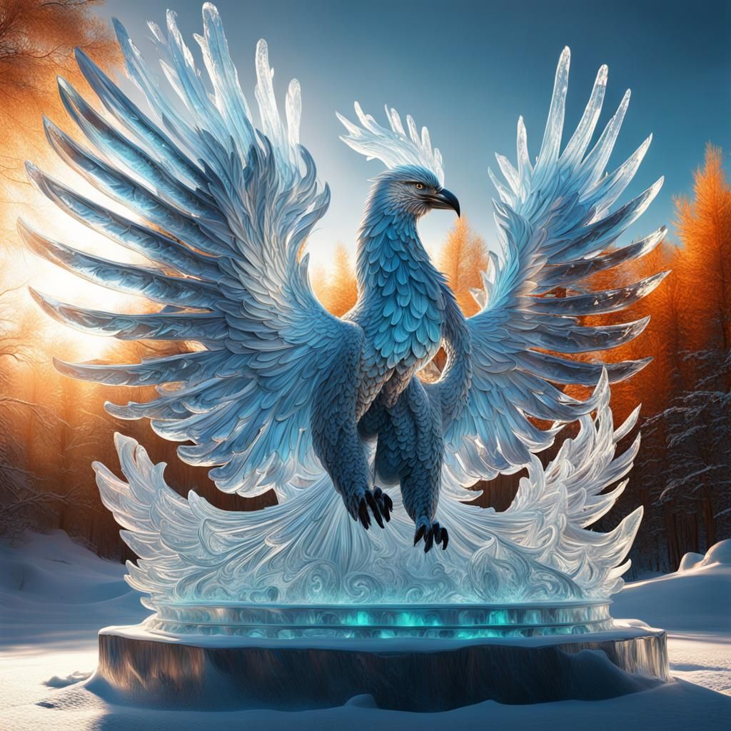 sunlight hitting a Phoenix ice sculpture, highlighting the way light