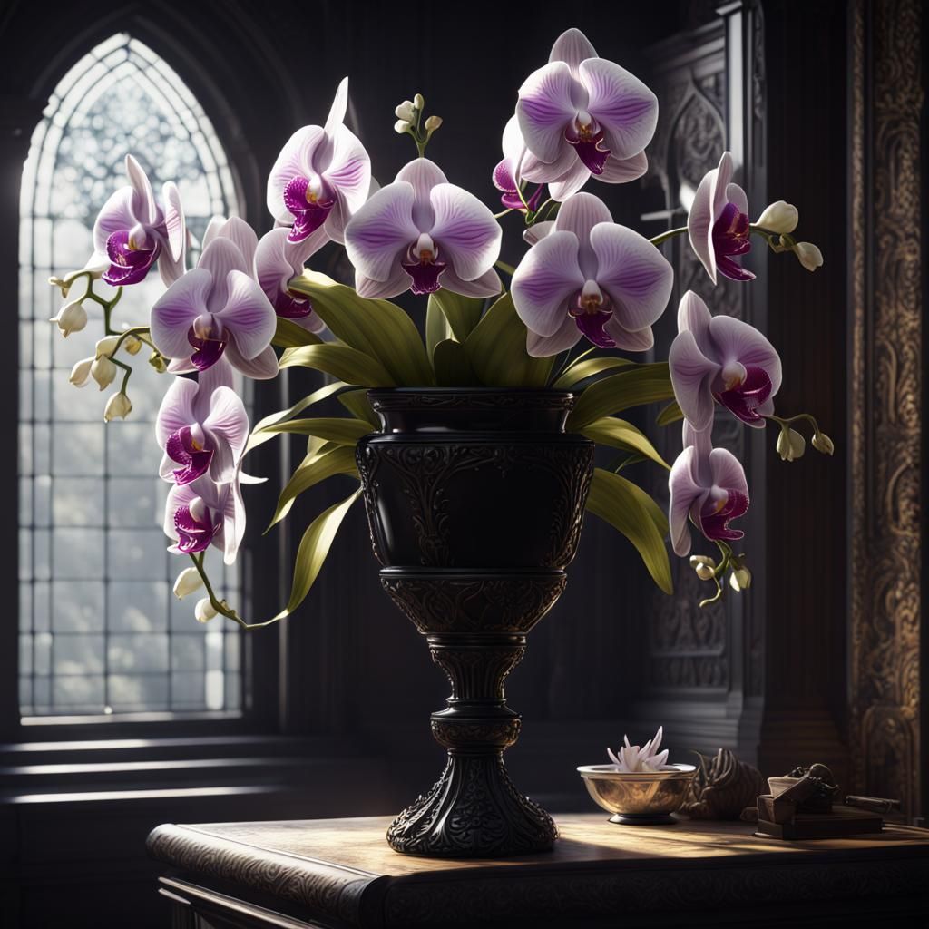 Flower vase holding orchids, gothic setting, black vase, white flowers  by @Anna Kendrick fan
