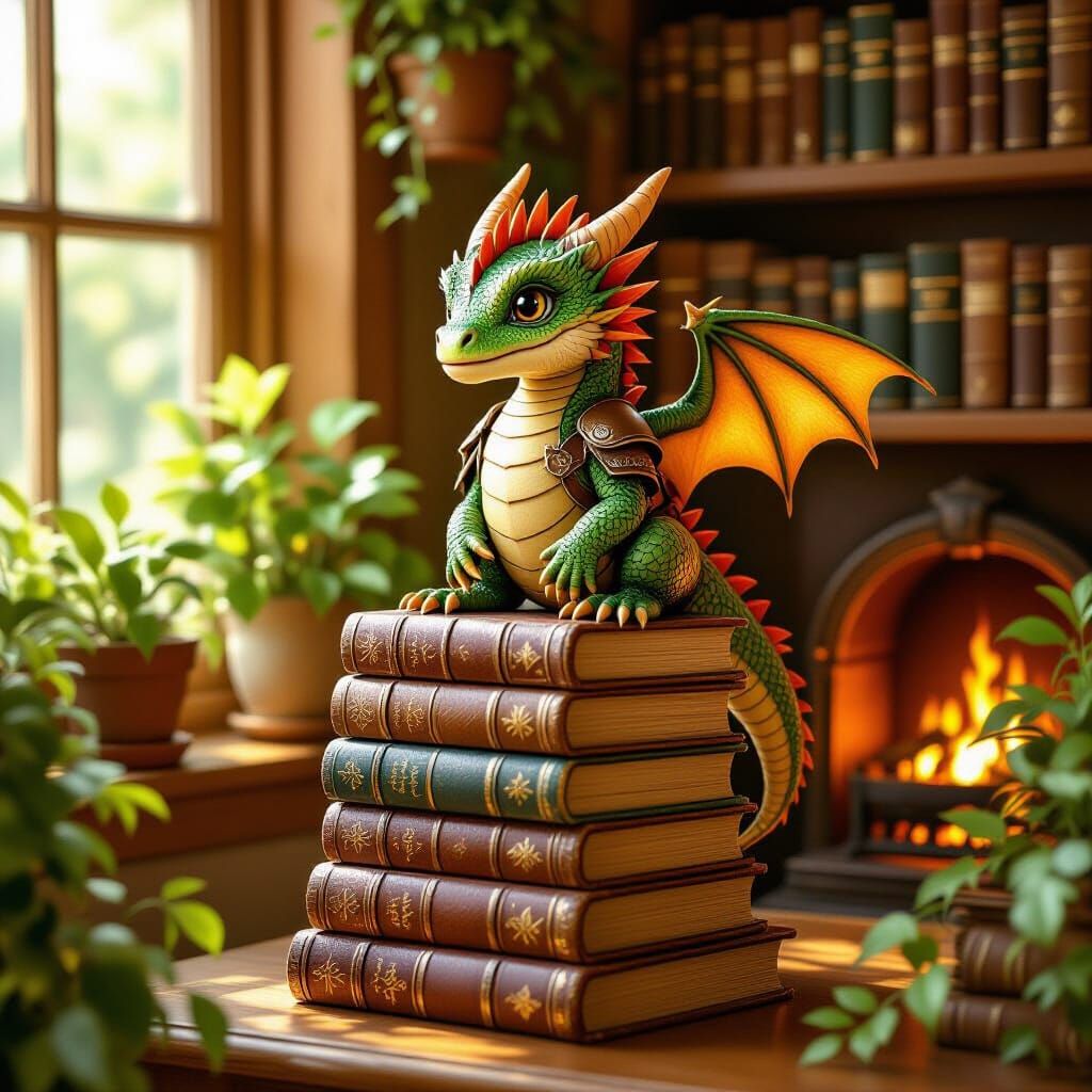 Armored Dragon Hatchling in Cozy Library, Painterly Style