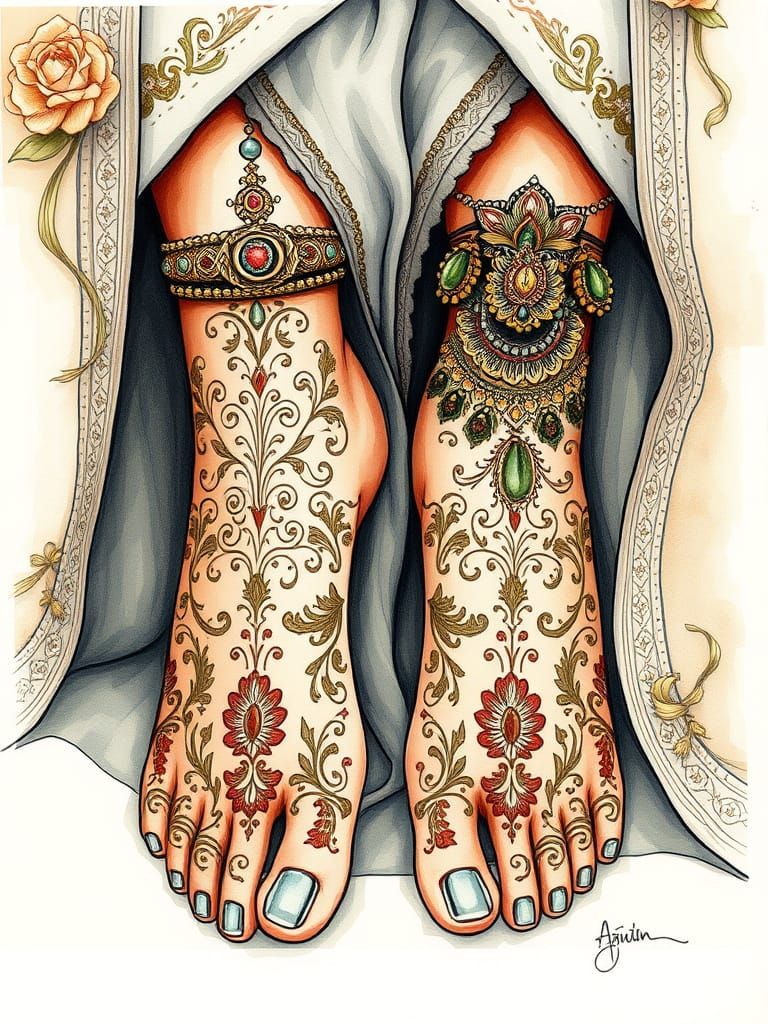 Imaginative watercolor and ink painting with ornate details and elaborate lineart. Jan Brett, Arthur Rackham. Artistic illustration of women...