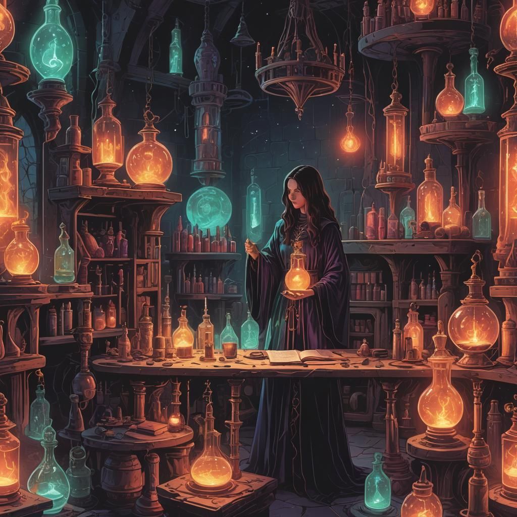 secluded alchemy lab, medieval tower, dusty scrolls, neon lava lamp ...