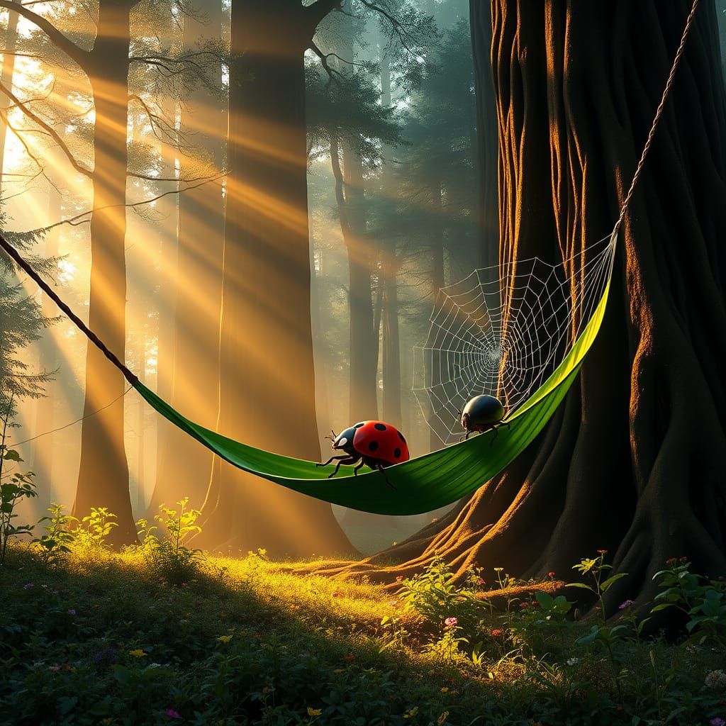 A tiny, confident ladybug relaxing in a leaf hammock, nestled in a vast, towering forest. The forest ...  by @Klara R Kannt