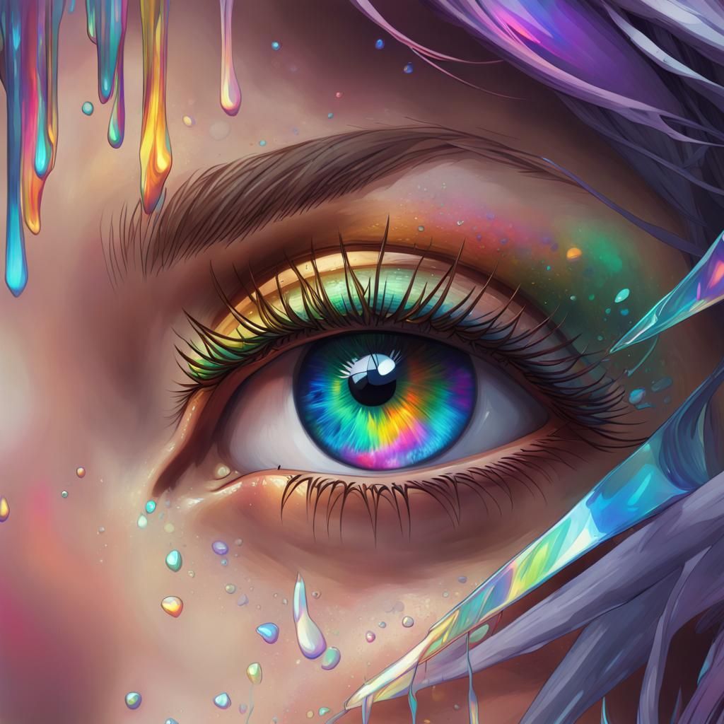 An eye crying colorful, striking,  holographic liquid. The Iris is the color of the rainbow. Colorful, ...  by @HiyaWon