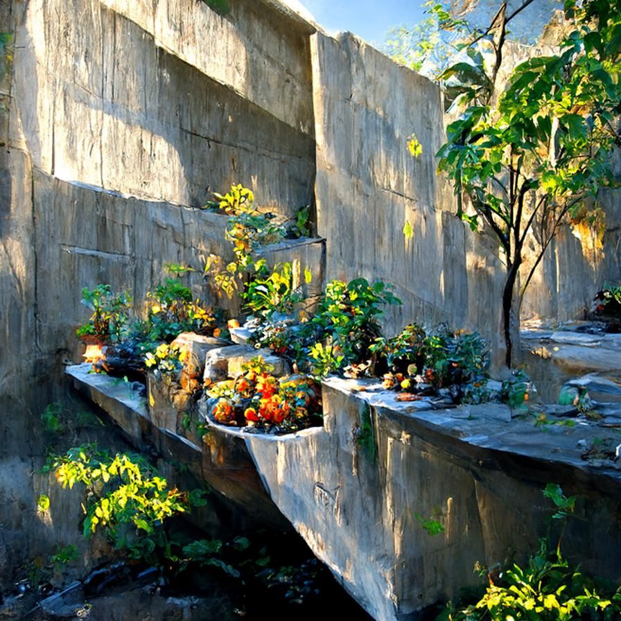 concrete walls with a lush garden