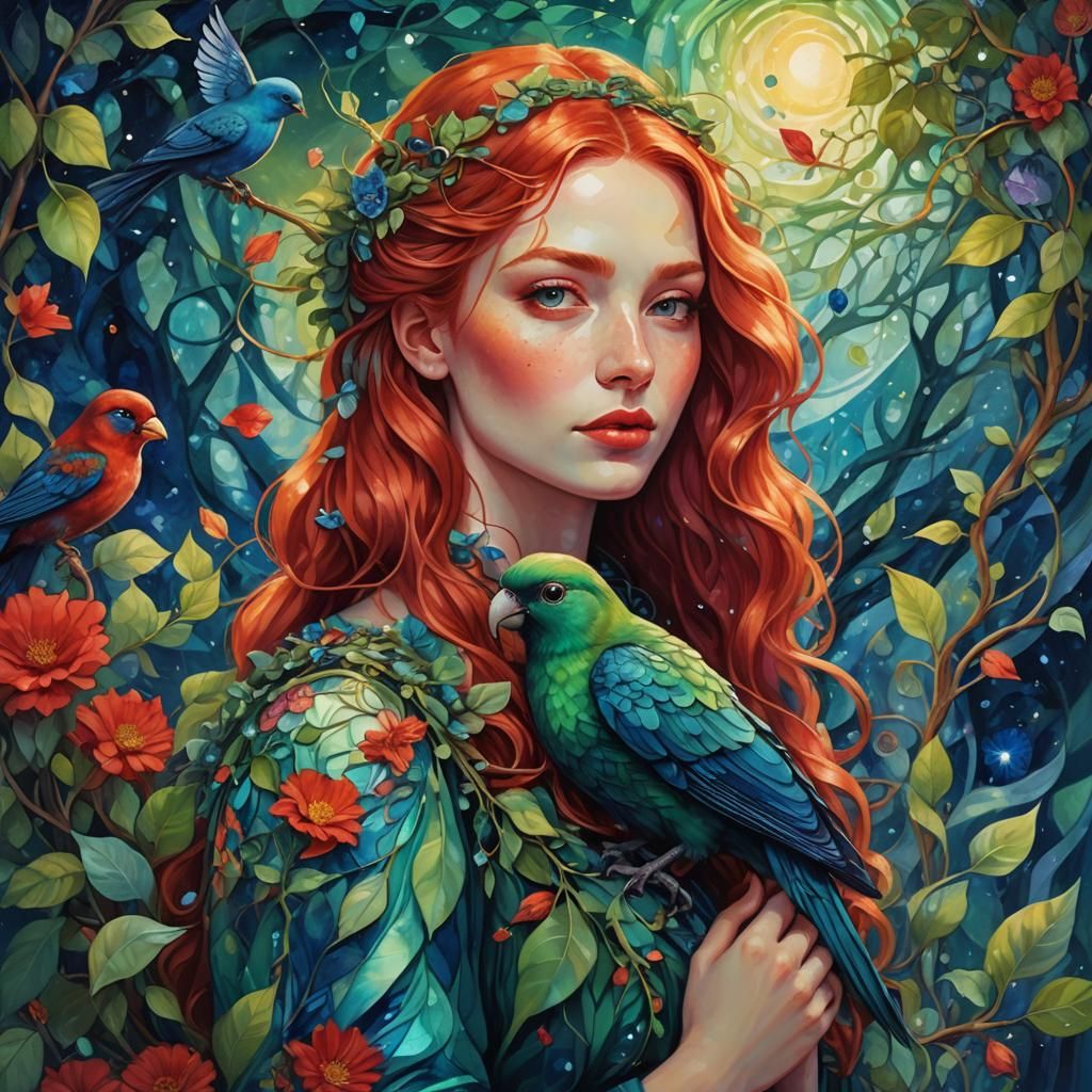 Mystical Woman with Bird in Dreamlike Astral Illustration