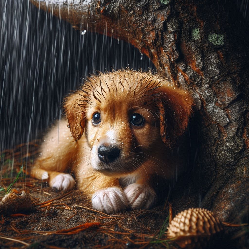 Puppy hiding from rain