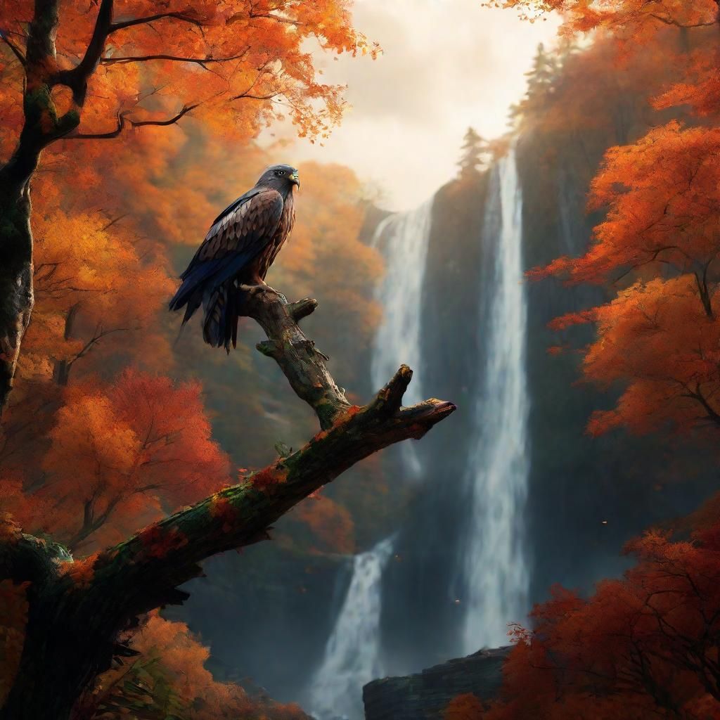 a mighty bird of prey sits on a tree branch in an autumn forest with a waterfall in the background  by @Zacharo