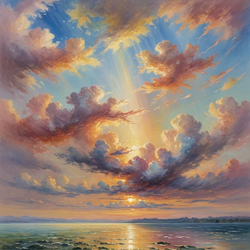 Ethereal Oil Painting of Rainbow Cloudscape