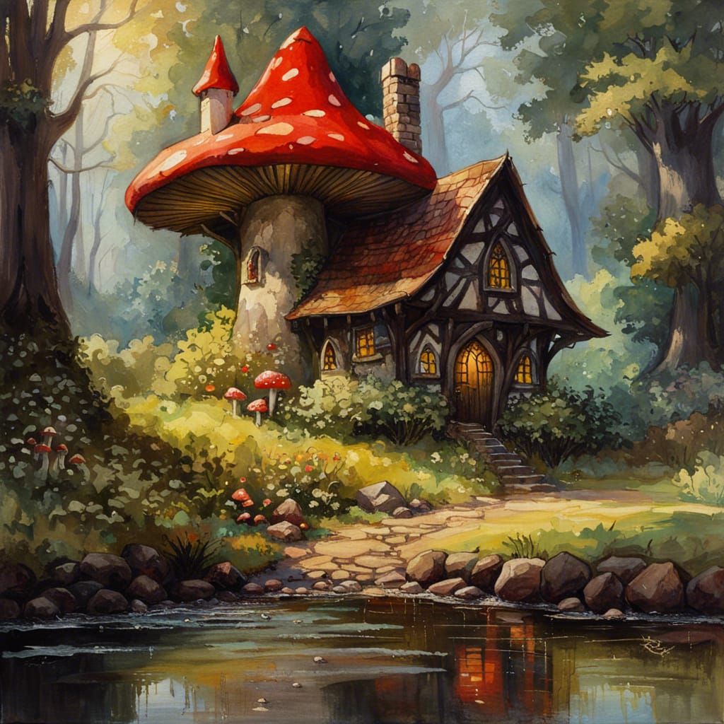 Gothic Fairytale Cottage Garden in Sunlight