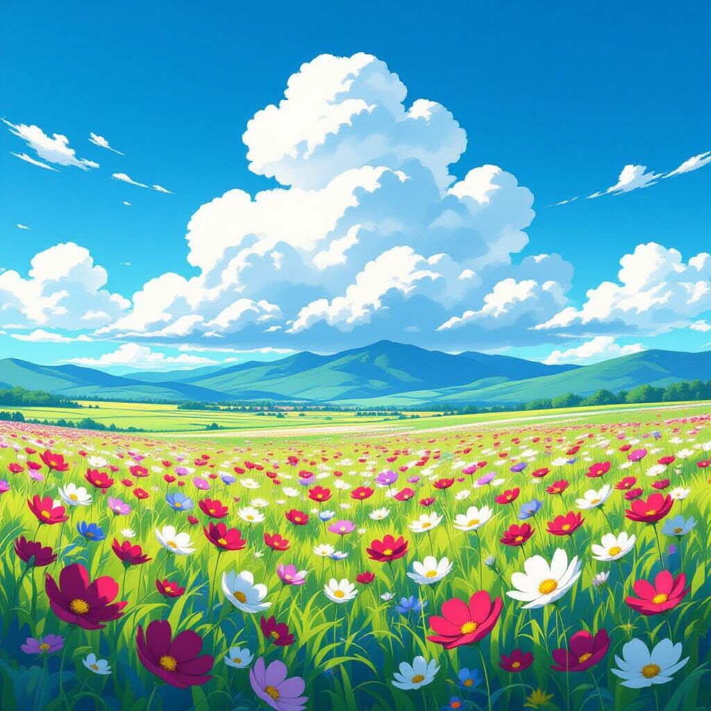 

> "Anime style artwork of a peaceful countryside field with colorful cosmos flowers in the foreground, swaying gently in the breeze. A hug...