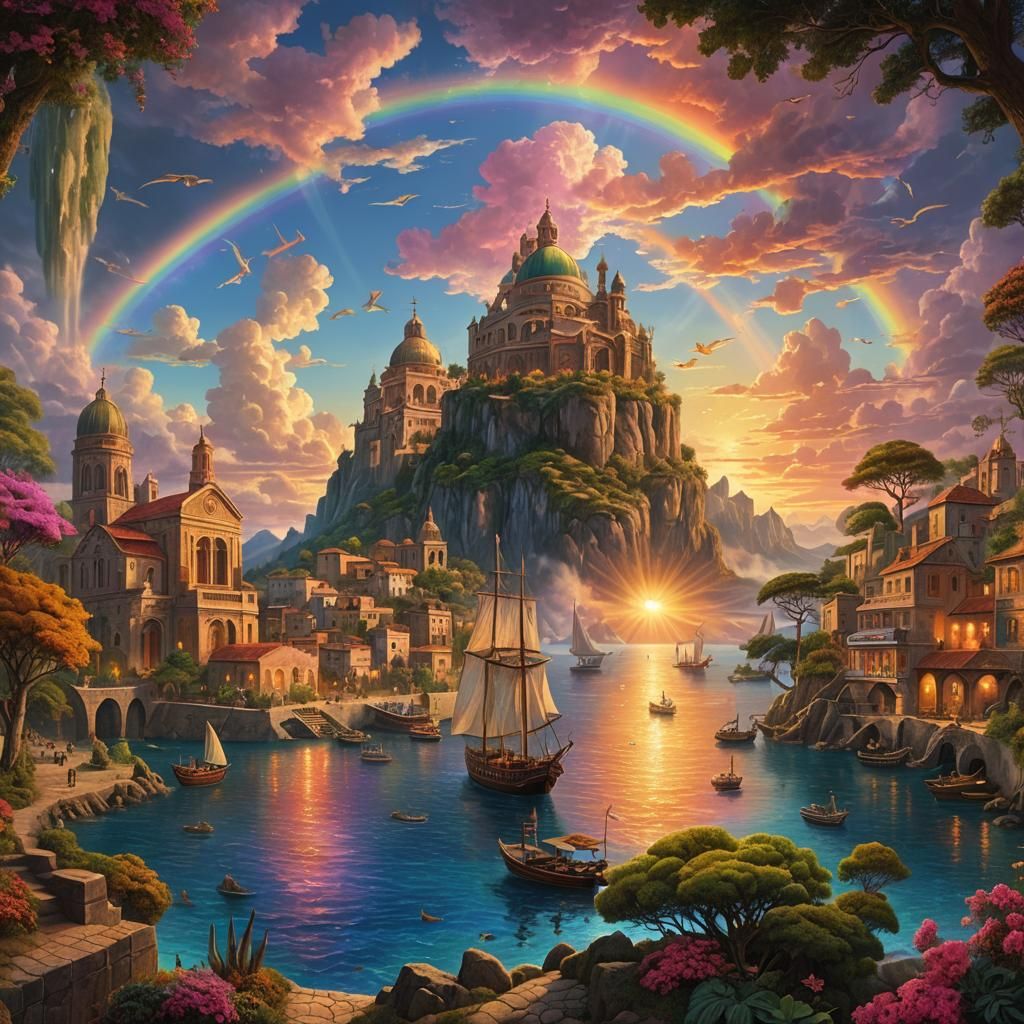 Colorful Seaport City Sunset: Digital Matte Painting