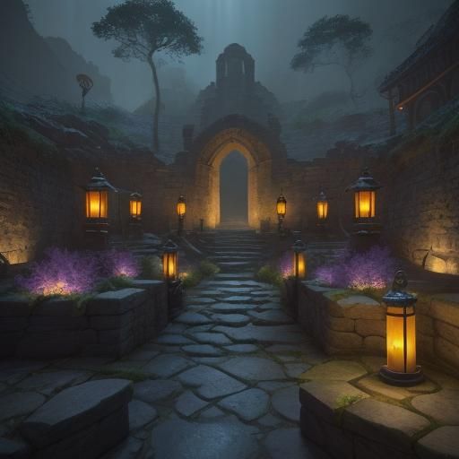 Vibrant fantasy concept art. Medium shot. Lanterns line a co...