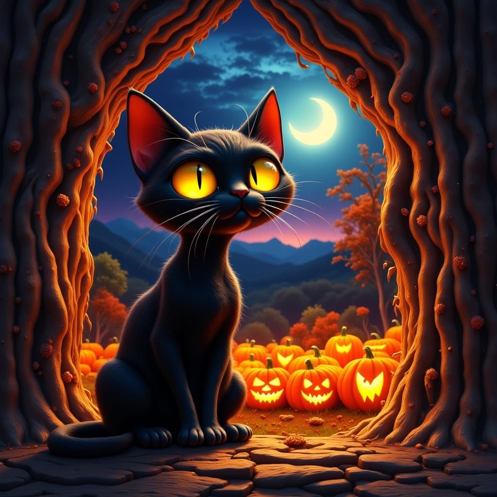 Hi, I’m a Cat, You Should Love Me.. : <lora:Colors of Halloween:1.0>  a cute black cat with large expressive yellow eyes and one tipped ear; background craggy wood barn with warm...