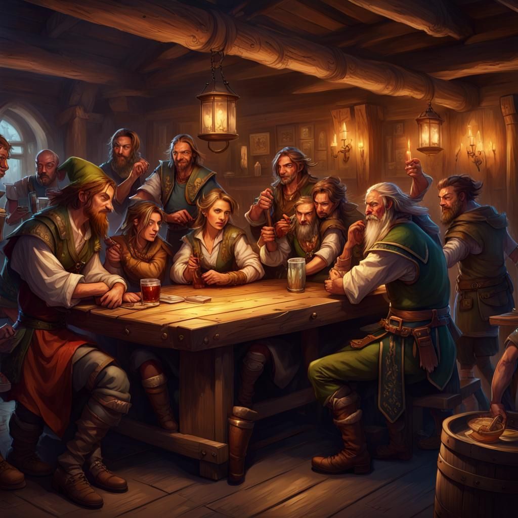 Party of young Adventurers relaxing in a tavern, elf dwarf human ...