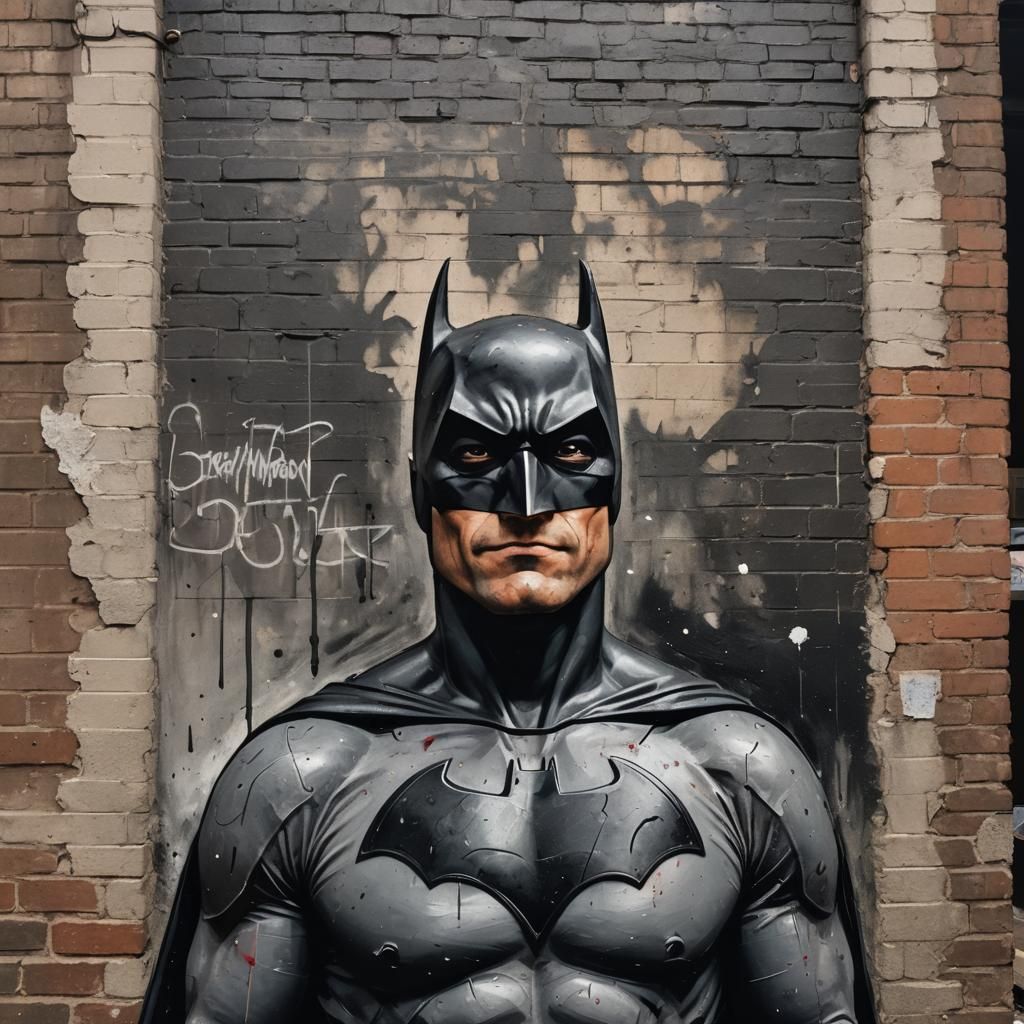 A gritty, realistic depiction of Batman smiling, standing in an alley ...