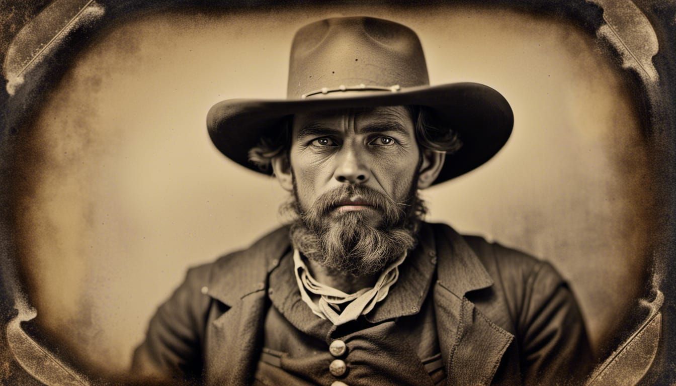 1870s tin type portrait of an outlaw displaying his guns. Hy...