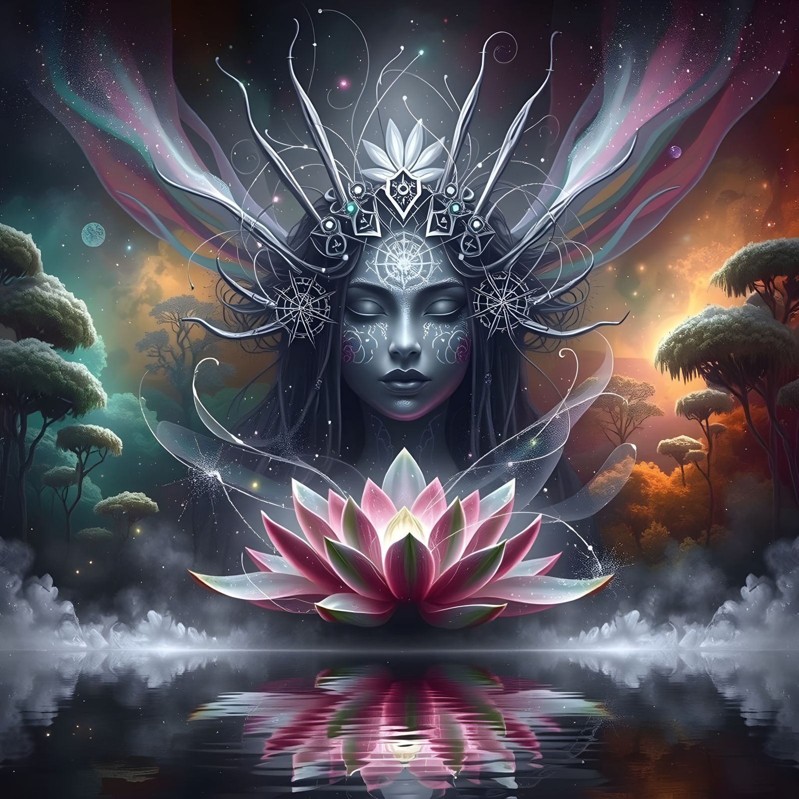 LOTUS GODDESS STANDS IN A MISTY FOREST:  by @Gappa G