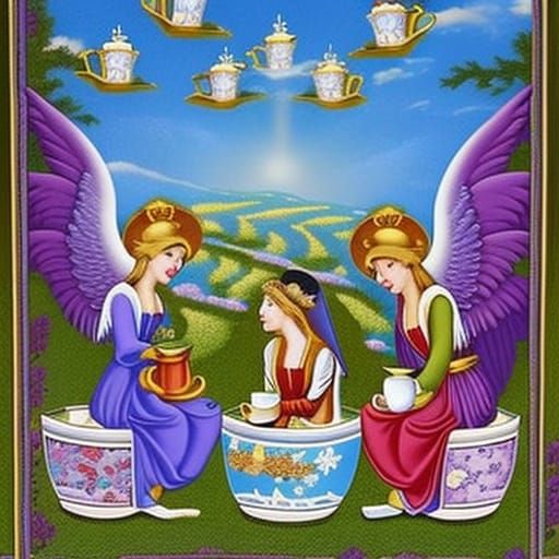 Angels drinking from teacups in Heaven